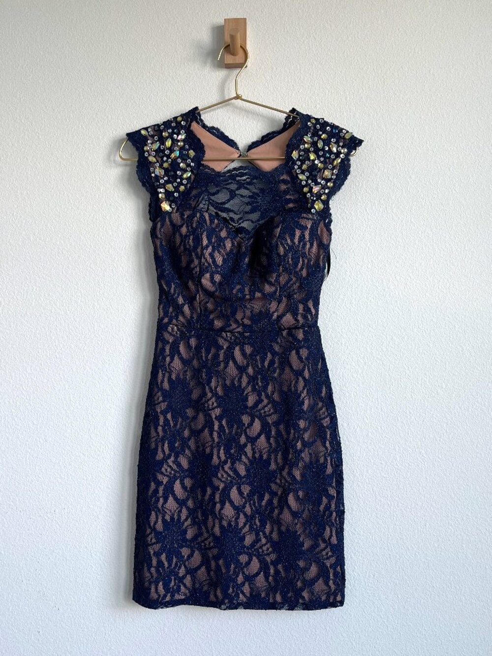 City Triangles Navy & Tan Lace Cocktail Dress - Embellished Sleeves - Size 1
